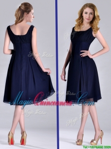 Latest Square Empire Chiffon Navy Blue Dama Dress with Ruching