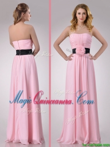 Modern Empire Chiffon Pink Long Dama Dress with Hand Crafted Flower