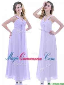 Wonderful Ruched Decorated Bust Ankle Length Dama Dress in Lavender