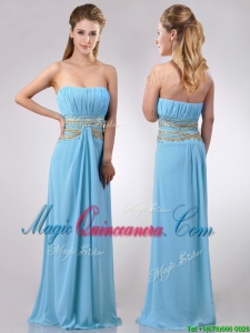 Discount Beaded Decorated Waist and Ruched Bodice Dama Dress in Aqua Blue