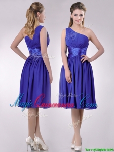 Elegant One Shoulder Chiffon Blue Dama Dress with Side Zipper