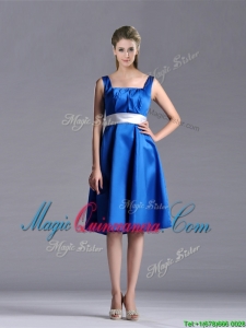 Exquisite Empire Square Taffeta Blue Dama Dress with White Belt