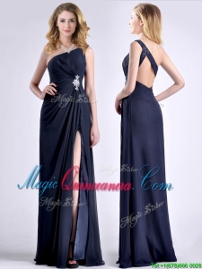 Exquisite One Shoulder Navy Blue Dama Dress with Beading and High Slit