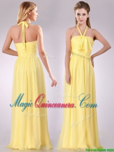 Lovely Halter Top Chiffon Ruched Long Dama Dress in Yellow