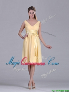 New Arrivals V Neck Bowknot Chiffon Short Dama Dress in Yellow