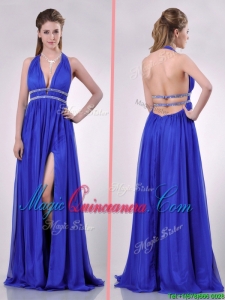 New Halter Top Blue Backless Dama Dress with Beading and High Slit