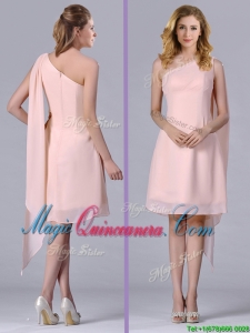 Cheap One Shoulder Chiffon Ruching Short Dama Dress in Pink