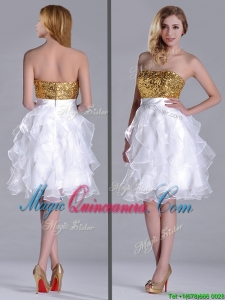 Classical Organza Sequined and Ruffled Dama Dress in White and Gold