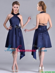 Elegant Halter Top Asymmetrical Navy Blue Dama Dress in Satin