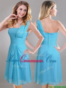Elegant One Shoulder Ruched Chiffon Dama Dress in Aqua Blue