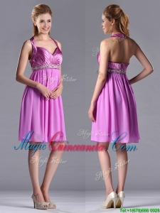 Empire Halter Knee-length Beaded Short Dama Dress in Lilac