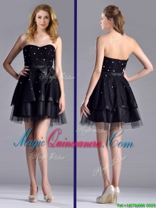 New Style Tulle Black Short Dama Dress with Beading and Belt