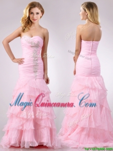 Popular Brush Train Organza Pink Dama Dress with Beading and Ruffles