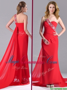 Pretty Column One Shoulder Watteau Train Chiffon Coral Red Dama Dress with Beaded