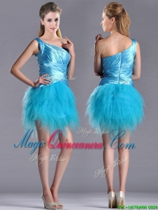 Wonderful One Shoulder Ruched and Ruffled Aqua Blue Dama Dress in Tulle