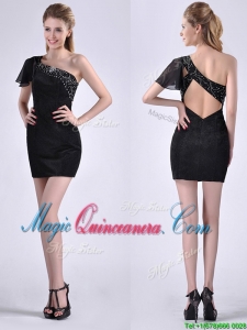 Best One Shoulder Black Dama Dress with Beaded Decorated Criss Cross