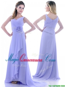 Brush Train Lavender Dama Dress with Beading and Hand Crafted Flower