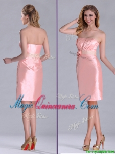 Cheap Strapless Hand Crafted Flower Peach Dama Dress in Satin