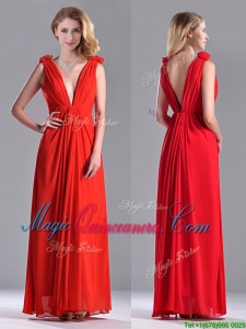 Elegant Deep V Neckline Red Dama Dress with Hand Crafted Flowers