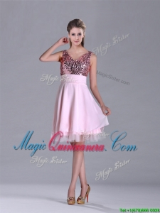 Latest V Neck Sequined Decorated Bodice Dama Dress in Baby Pink