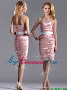 Lovely Column Peach Dama Dress with Ruching and White Belt