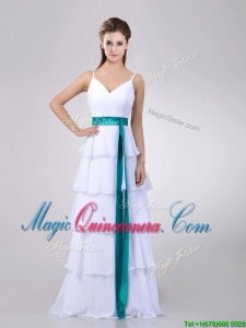 Lovely White Dama Dress with Ruffled Layers and Turquoise Belt