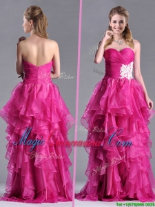 Modern Brush Train Fuchsia Dama Dress with Appliques and Ruffles