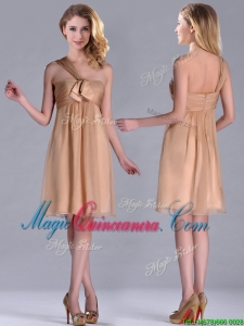 New Style One Shoulder Chiffon Short Dama Dress in Champagne