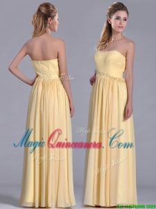 New Style Yellow Empire Long Dama Dress with Beaded Bodice