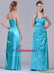 2016 Column Halter Top Elastic Woven Satin Aqua Blue Dama Dress with Ruching