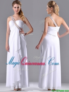 Fashionable Empire One Shoulder Chiffon Side Zipper White Dama Dress with Beading