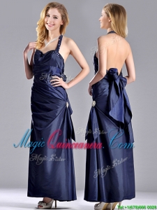 Luxurious Beaded Decorated Halter Top Dama Dress in Navy Blue