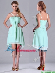 Empire Straps Apple Green Ruching Short Dama Dress in Chiffon