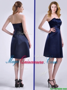 Luxurious Strapless Zipper Up Ruched Dama Dress in Navy Blue