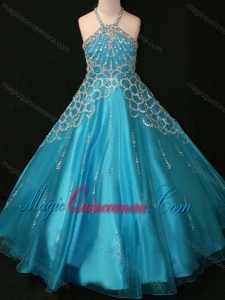 Beaded Decorated Halter Top and Bodice Teal Little Girl Pageant Dress with Criss Cross