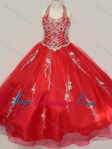 Lovely Organza Halter Top Beaded Little Girl Pageant Dress in Red