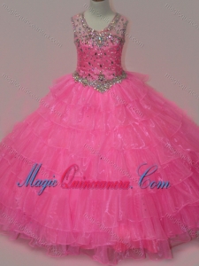 Pretty Rose Pink Little Girl Pageant Dress with Beading and Ruffled Layers