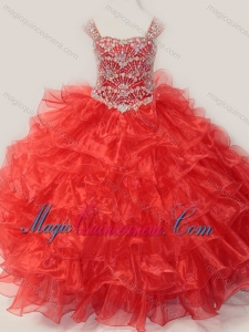 Ball Gown Straps Organza Beaded Bodice Lace Up Little Girl Pageant Dress in Red