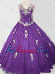 Cheap Ball Gown V Neck Organza Beaded and Applique Little Girl Pageant Dress in Purple