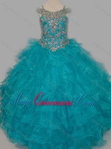 Cheap Really Puffy V-neck Teal Little Girl Pageant Dress with Rhinestones and Straps