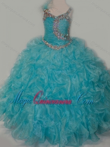 Elegant Ball Gown V Neck Organza Beading Aqua Blue Lace Up Little Girl Pageant Dress