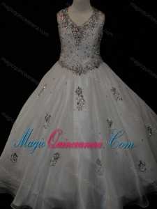 Pretty Ball Gown Beaded and Applique White Little Girl Pageant Dress in Organza