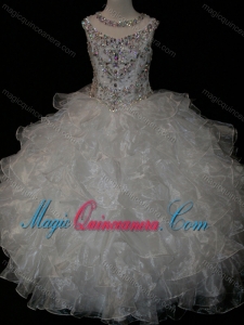 Princess Ball Gown Scoop Beaded Bodice Lace Up Little Girl Pageant Dress in White