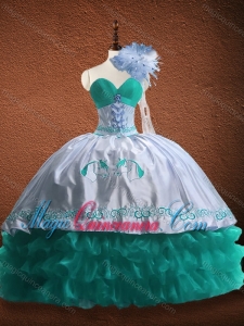Custom Embroidered and Patterned Organza and Taffeta Quinceanera Dress in Turquoise and White