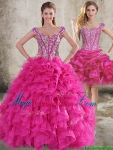 Classical Ruffled and Beaded Bodice Detachable Quinceanera Dress in Hot Pink