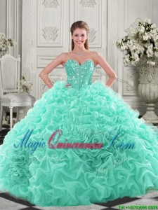 Fashionable Visible Boning Organza Apple Green Quinceanera Dress with Chapel Train