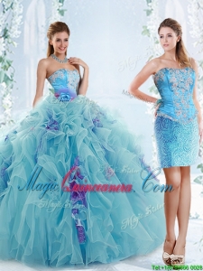 Exquisite Applique Bodice Aqua Blue Detachable Quinceanera Gowns in Organza