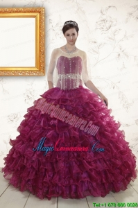 2015 Burgundy Quinceanera Gown with Beading and Ruffles