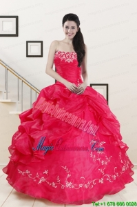 2015 Modest Sweetheart Embroidery Quinceanera Dress in Hot Pink