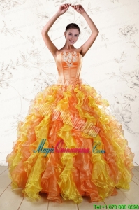 Puffy Luxurious 2015 Quinceanera Dresses with Appliques and Ruffles